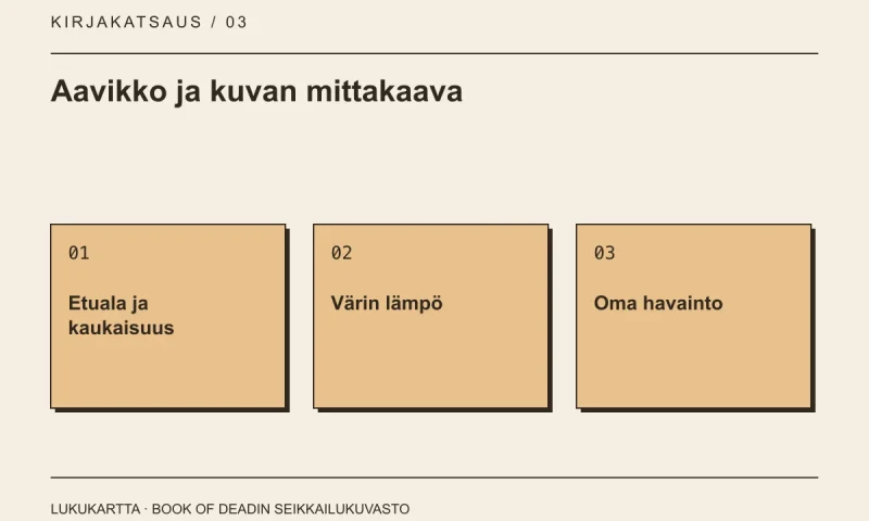 Lukukartta: Aavikko ja kuvan mittakaava. Etuala ja kaukaisuus, Värin lämpö, Oma havainto.