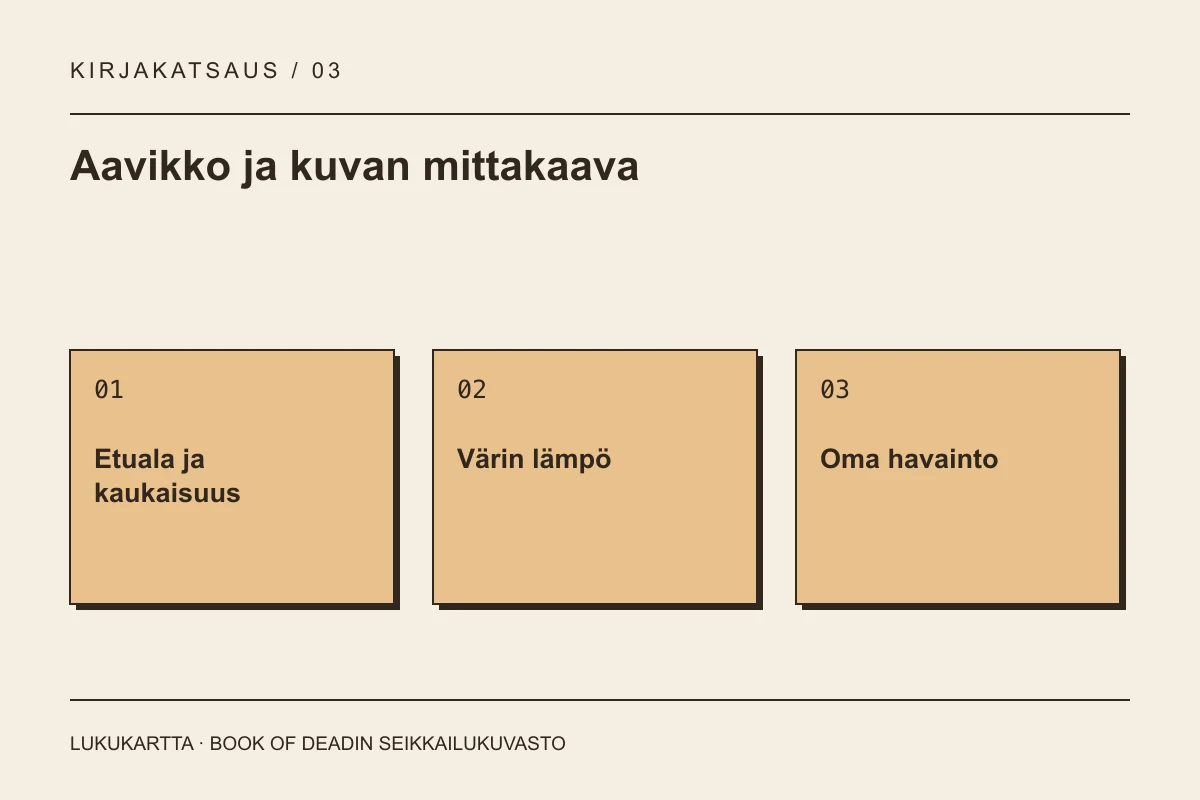 Lukukartta: Aavikko ja kuvan mittakaava. Etuala ja kaukaisuus, Värin lämpö, Oma havainto.