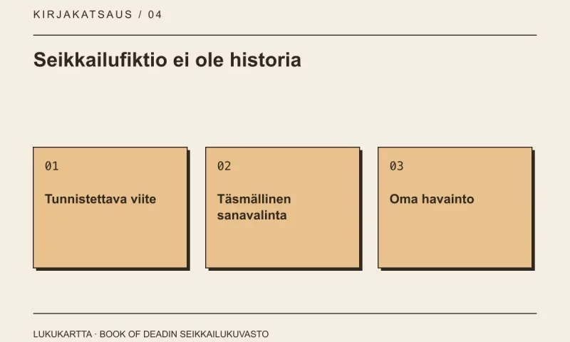 Lukukartta: Seikkailufiktio ei ole historia. Tunnistettava viite, Täsmällinen sanavalinta, Oma havainto.