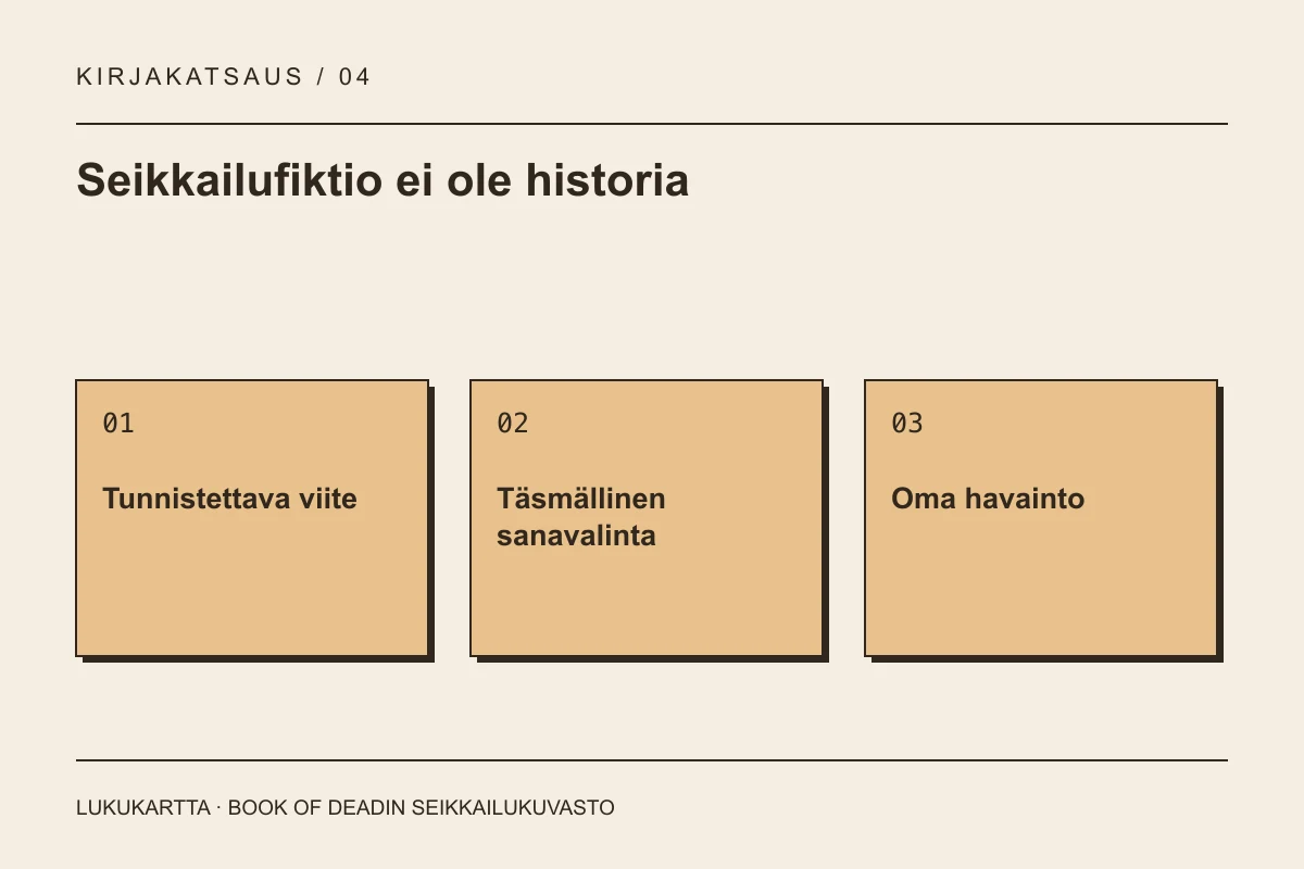 Lukukartta: Seikkailufiktio ei ole historia. Tunnistettava viite, Täsmällinen sanavalinta, Oma havainto.