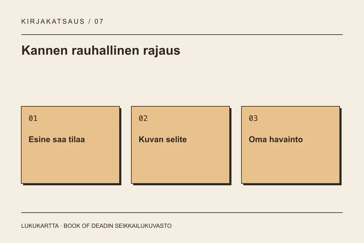 Lukukartta: Kannen rauhallinen rajaus. Esine saa tilaa, Kuvan selite, Oma havainto.