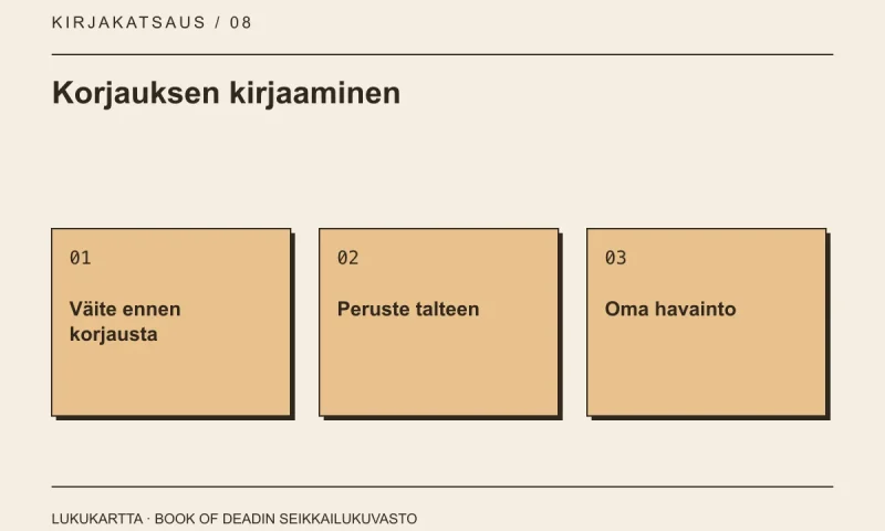 Lukukartta: Korjauksen kirjaaminen. Väite ennen korjausta, Peruste talteen, Oma havainto.
