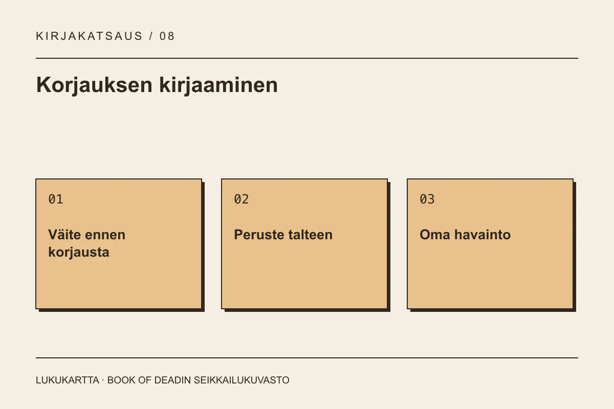 Lukukartta: Korjauksen kirjaaminen. Väite ennen korjausta, Peruste talteen, Oma havainto.